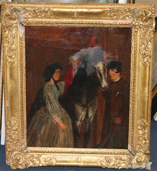 19th century English School Naive portrait of a child upon a horse, flanked by attendants, 25 x 21in.
